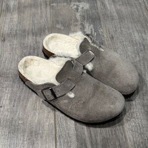 Birkenstock Gray Suede Mules with Shearling Lining